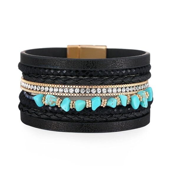 Bohemian Western Irregular Turquoise Diamond Wide-Brimmed Leather Bracelet - Picture 1 of 1